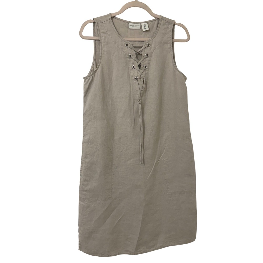 Adrienne Vittadini Womens 100% Linen Lace‎ Up Sleeveless Shift Dress Beige Small